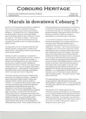 Newsletter of the ACO with an article regarding murals in downtown Cobourg