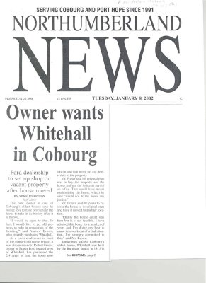 Article entitled “Owner wants Whitehall in Cobourg&quot;