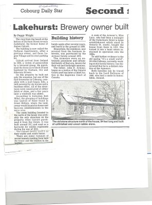 Article entitled “Lakehurst: brewery owner built earliest brick house in Cobourg”