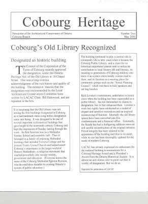 Cobourg Heritage (newsletter of the Architectural Conservancy of Ontario, Cobourg Branch)