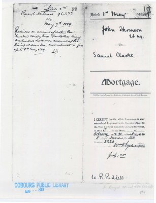 Mortgage papers dated May 1, 1884 between John Thomson and wife to Samuel Clarke.