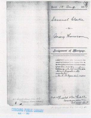 Assignment of Mortgage papers dated August 19, 1889 between Samuel Clarke to Mary Thomson