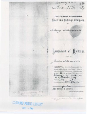 Assignment of Mortgage papers dated November 11, 1889 from the Canada Permanent Loan and Savings Company to Mary Thomson made by John Thomson.