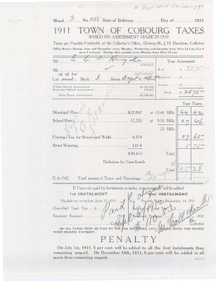 1911 Town of Cobourg Taxes notice