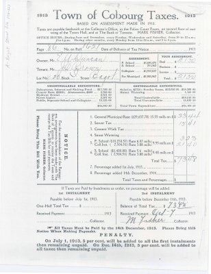 1913 Town of Cobourg Tax Notice