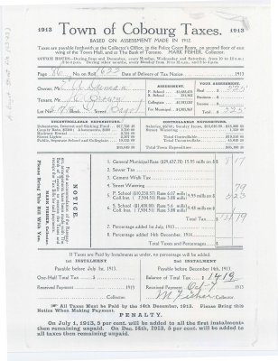 1913 Town of Cobourg Tax Notice