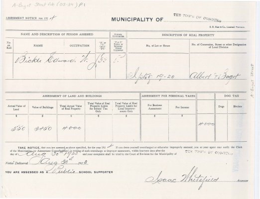 Assessment Notice for 1924 (done in 1923) for Edward W. Bickle