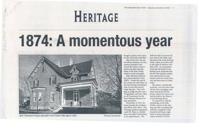 Article regarding the history and picture of home on Bagot and Albert Streets.