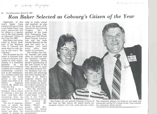 Article entitled “ Ron Baker selected as Cobourg's Citizen of the Year&quot; Note: should read Rod Baker.