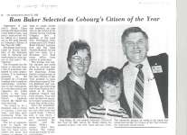Article entitled “ Ron Baker selected as Cobourg's Citizen of the Year" Note: should read Rod Baker.