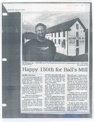 Article entitled “Happy 150th for Ball's Mill&quot;