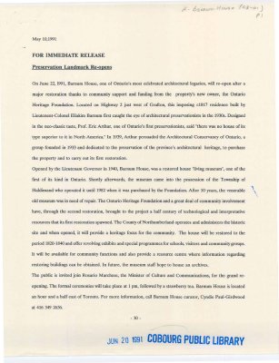 Press release from 1991 regarding the re-opening of Barnum House.