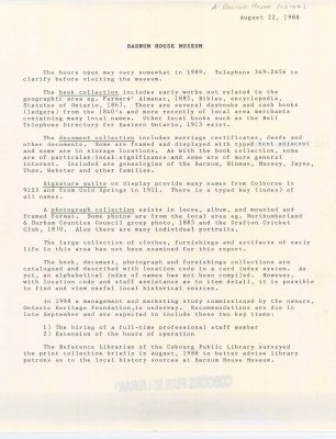 Listing of Barnum House Museum collection from 1988.