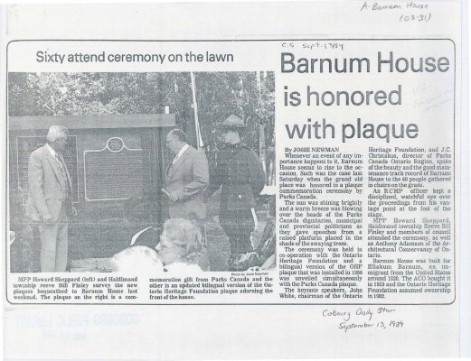 <b>Article and photo on the unveiling of the plaque at Barnum House<b>
