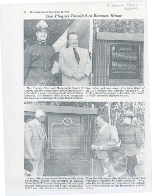 Article on the unveiling of a plaque at Barnum House in 1984.