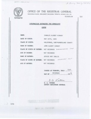 Information extracted on Birth from the Office of the Registrar General in December 1978.