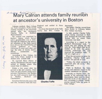 Article from the Cobourg Star titled “Mary Calnan attends family reunion at ancestor's university in Boston.&quot;