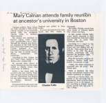 Article from the Cobourg Star titled “Mary Calnan attends family reunion at ancestor's university in Boston."