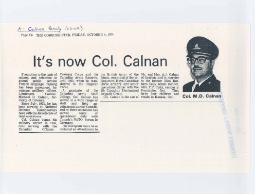 Article from Cobourg Star titled “It's now Col. Calnan&quot;