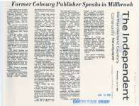 Article from the 'Independent' entitled "Former Cobourg Publisher Speaks in Millbrook"