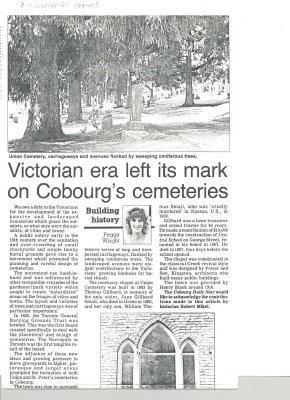 Article entitled “Victorian era left its mark on Cobourg's cemeteries&quot;