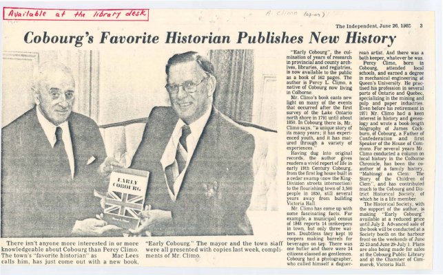 Article entitled “Cobourg's favorite historian publishes new history&quot; regarding his book 'Early Cobourg'.