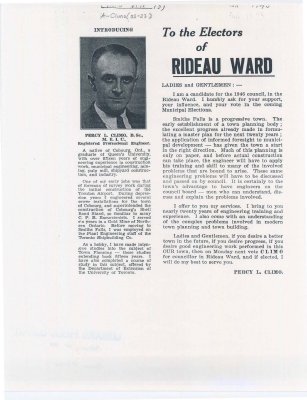 Election promotion for Percy Climo during the 1946 Rideau Ward