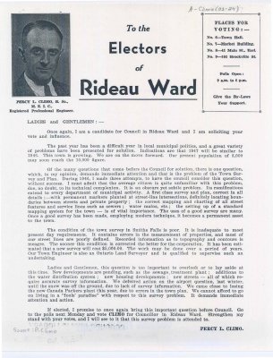 Election promotion for Percy Climo during the 1947 Rideau Ward, Smith's Falls municipal elections.