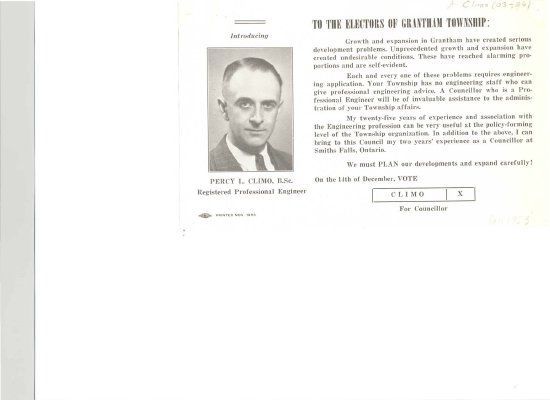 Election promotion regarding the 1953 municipal election for Grantham Township where Percy Climo ran for councilor.