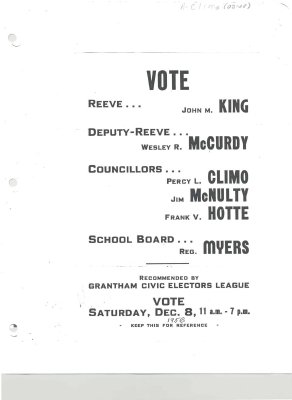 Election promotion regarding the 1956 municipal elections for Grantham Township where Percy Climo ran for councilor.