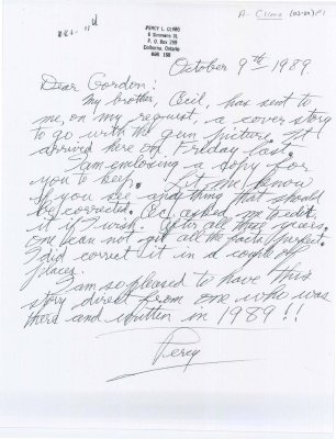 Letter to Gordon King from Percy L. Climo regarding the original cover story from Cecil Climo