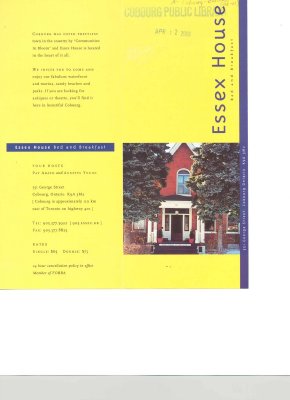 Brochure from Essex House Bed and Breakfast on 351 George St.