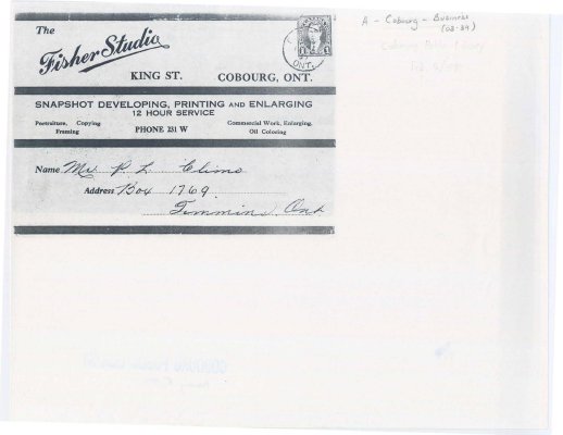 Photocopy of a receipt from Fisher Studio Photography