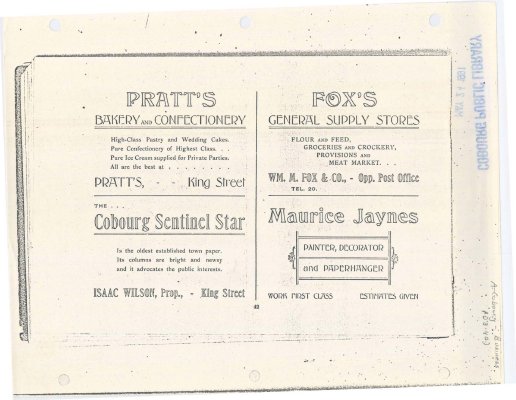 Photocopy of a page of advertising for Pratt's Bakery and Confectionery, Cobourg Sentinel Star, Fox's General Supply Store and Maurice Janes Painter, Decorator and Paperhanger