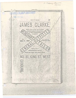 Photocopy of a page of advertising for James Clarke Merchant Tailor and General Outfitter