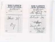 Copies of two receipts from Sam Clarke's Busy Stores