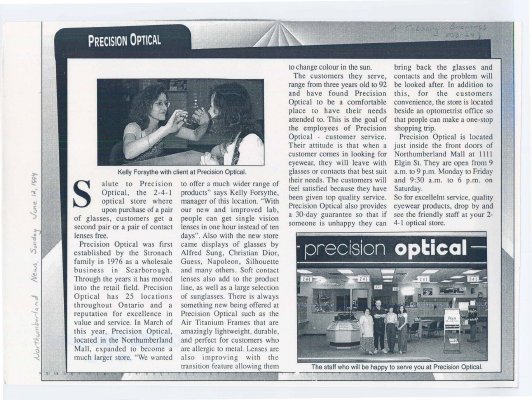 Short article regarding Precision Optical in the Northumberland Mall.