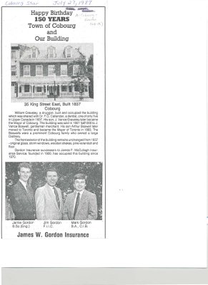 Summary article entitled “Happy Birthday 150 years Town of Cobourg and Our Building"