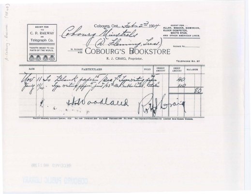 Copy of receipt from Cobourg Bookstore to D. Fleming