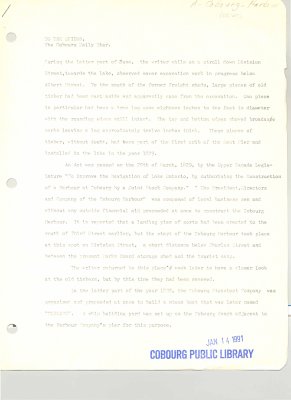 Letter from Percy Climo to the editor of the Cobourg Daily Star requesting historical markers be placed at the end of Division Street by the harbour.