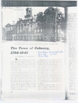 Excerpt for Canadian Geographic entitled “The Town of Cobourg, 1798-1945"