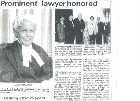 Article about the career and retirement of Cobourg lawyer Daisy McCullagh.