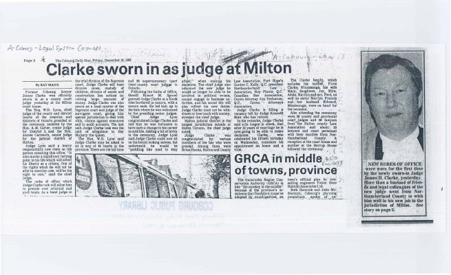 Article about James Clarke a Cobourg lawyer being sworn in as judge at Milton.