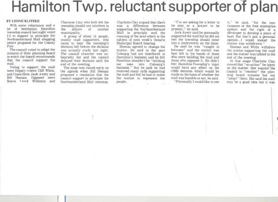 Article entitled, “Hamilton Twp. reluctant supporter of planned mall&quot;