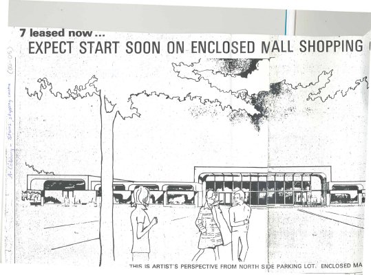 Article entitled, “7 leased now... Expect start soon on enclosed mall shopping centre of 30 stores... beside Dominion, Zellers&quot;