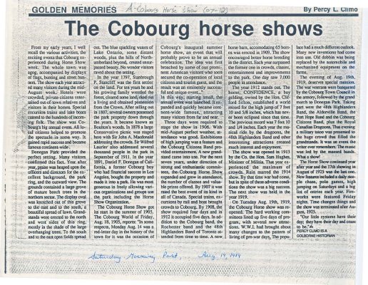 An article by Percy L. Climo about his memories of the Cobourg Horse Show.