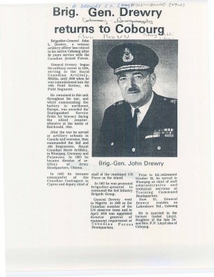 Article speaking about Brigadier-General John L. Drewry's retirement to his hometown of Cobourg.