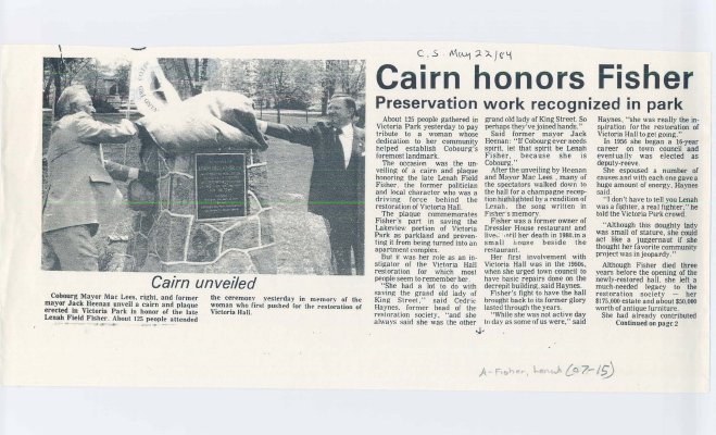 <b>Article about the unveiling of a Cairn and plaque put in Victoria Park <b>