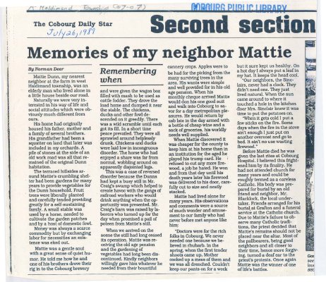 Article about Mattie Dunn a resident of Haldimand Township.