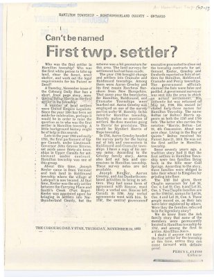 Article about the controversy over who the first settler in Hamilton Township was.